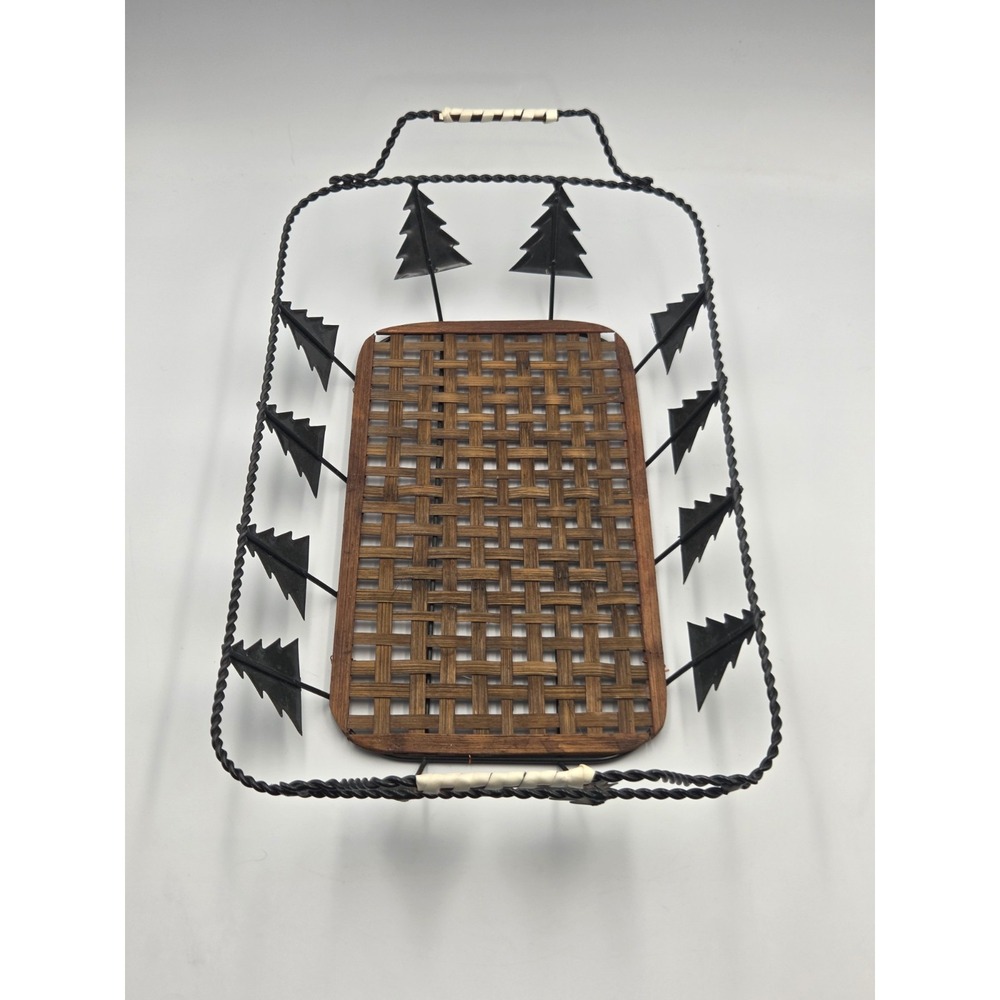 Vintage Wicker Wire Pine Tree Rectangle Bread Basket Tray Handles Holiday